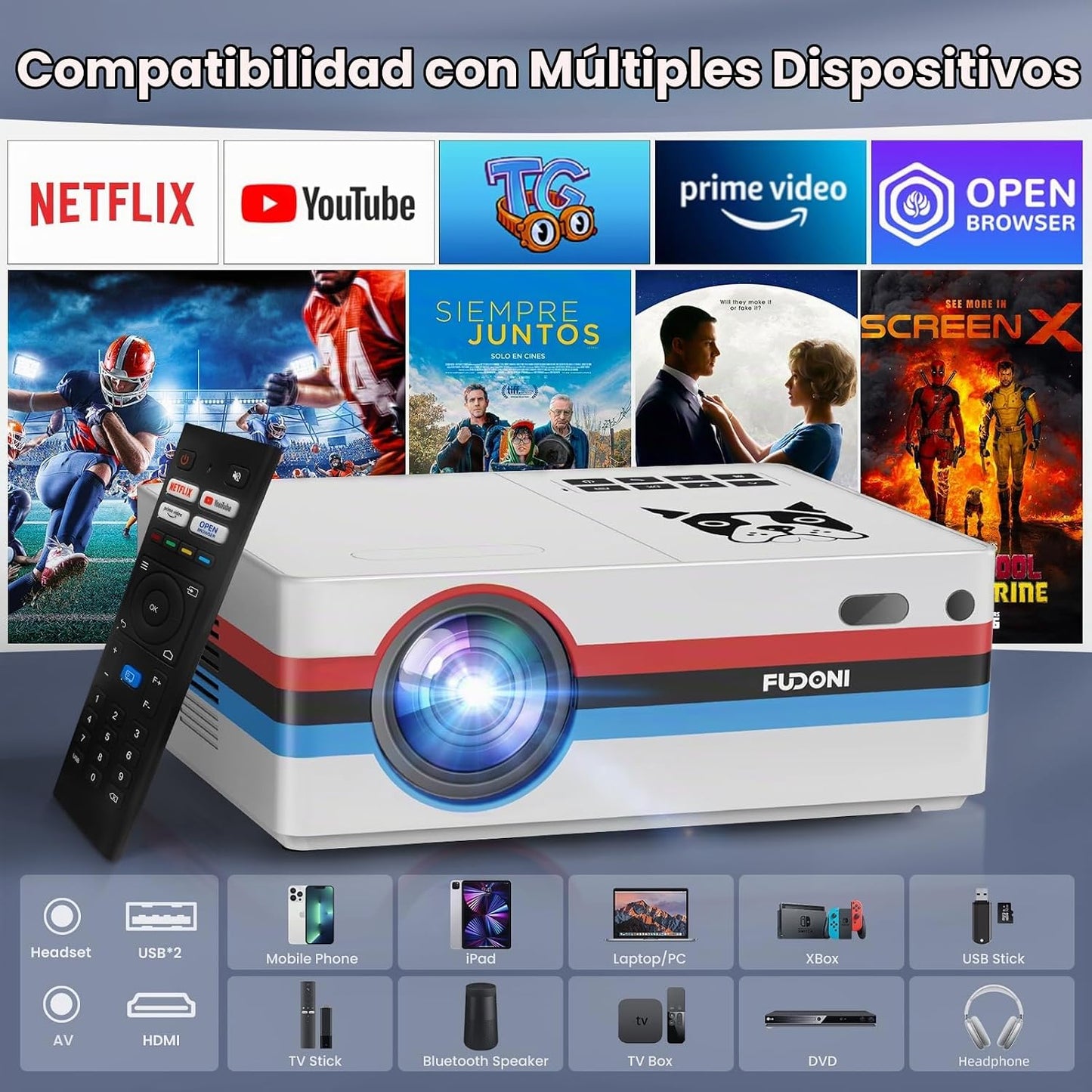 FUDONI Proyector inteligente, compatible con Netflix, soporte 4K, W...
