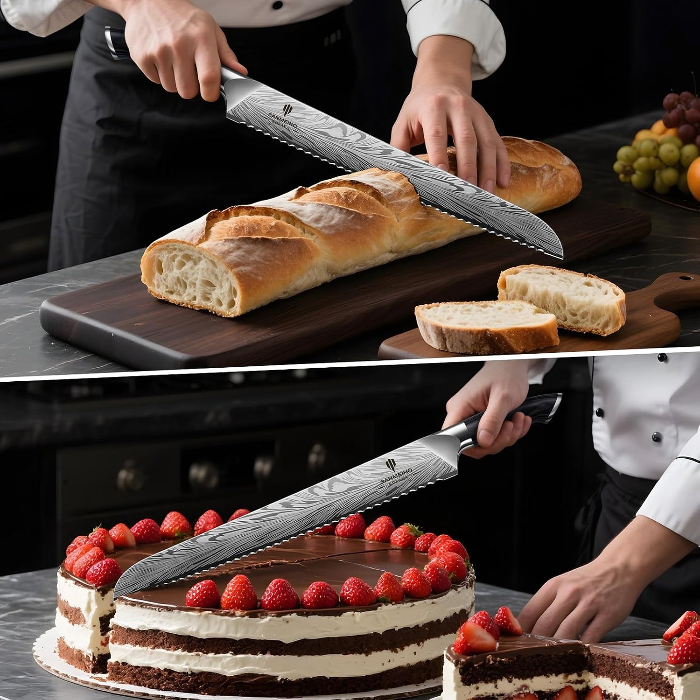 SANMEIHO Cuchillo de pan de 10 pulgadas en acero en polvo, cuchillo...