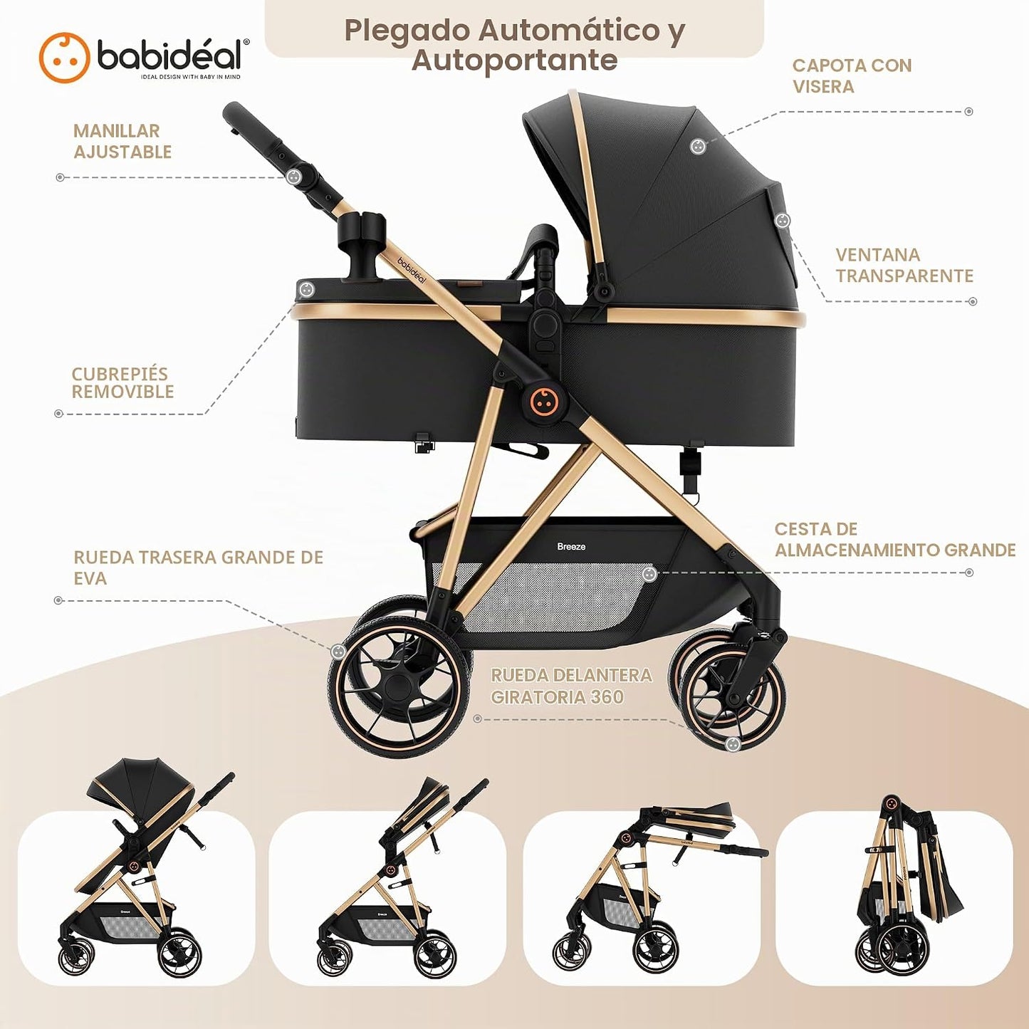 Babideal Cochecito de bebé para recién nacido y niño, plegado con u...