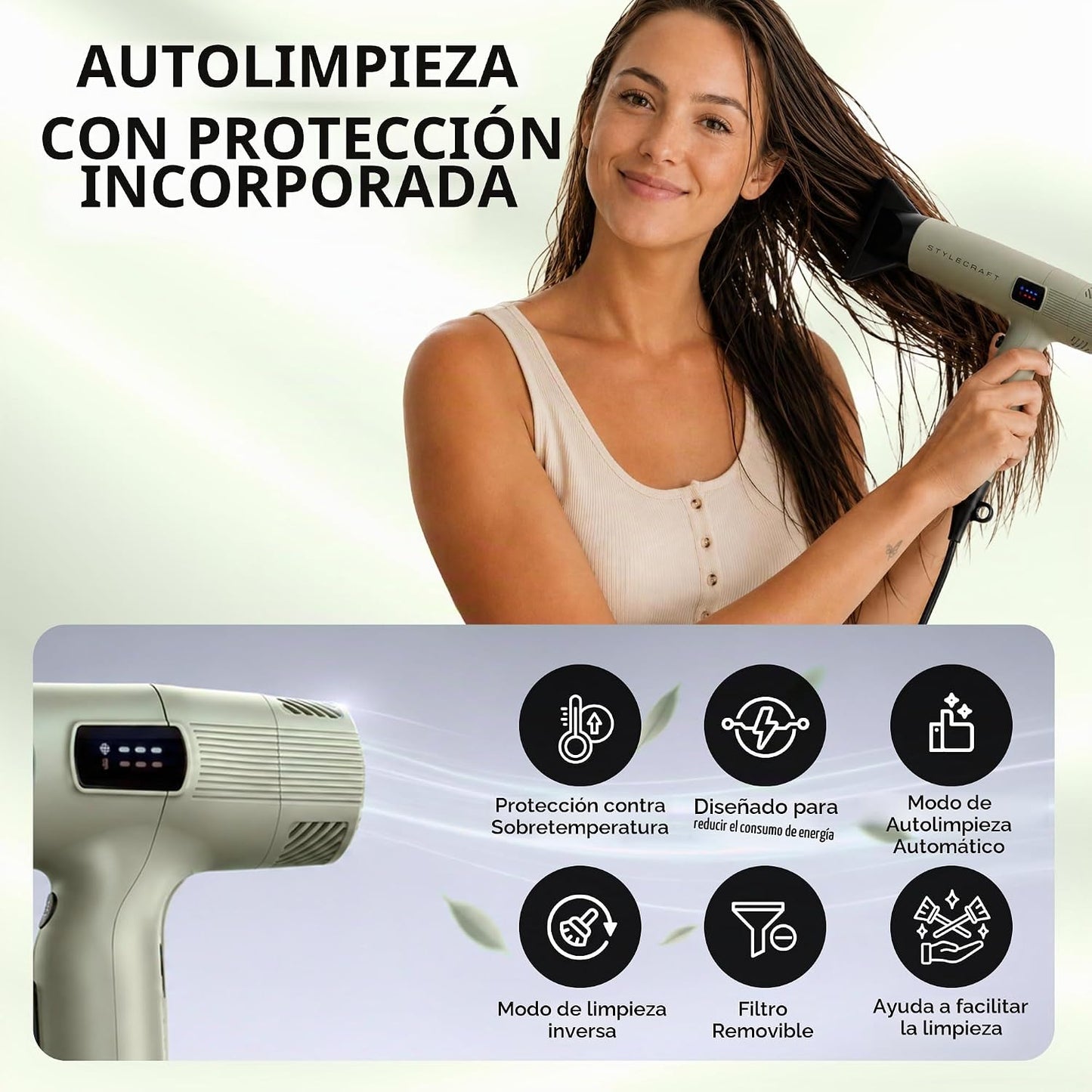 StyleCraft Sage Secador de pelo profesional ligero con 2 boquillas...