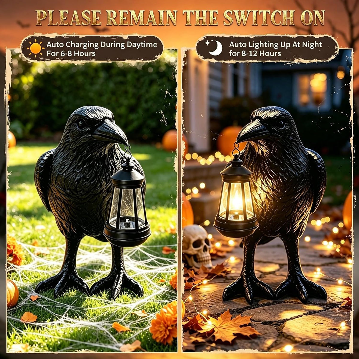 Estatua de jardín solar de cuervo de Halloween para decoración de H...