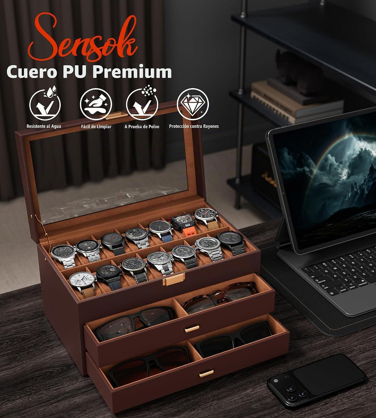 sensok Caja de reloj para hombre, 14 ranuras, 3 capas, organizador...