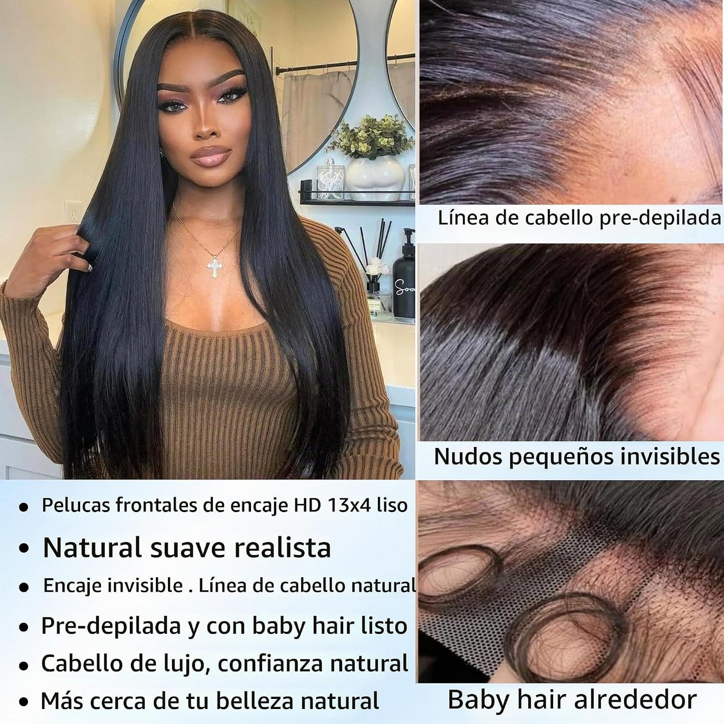 SupWig Peluca de encaje frontal de cabello humano lacio HD con enca...