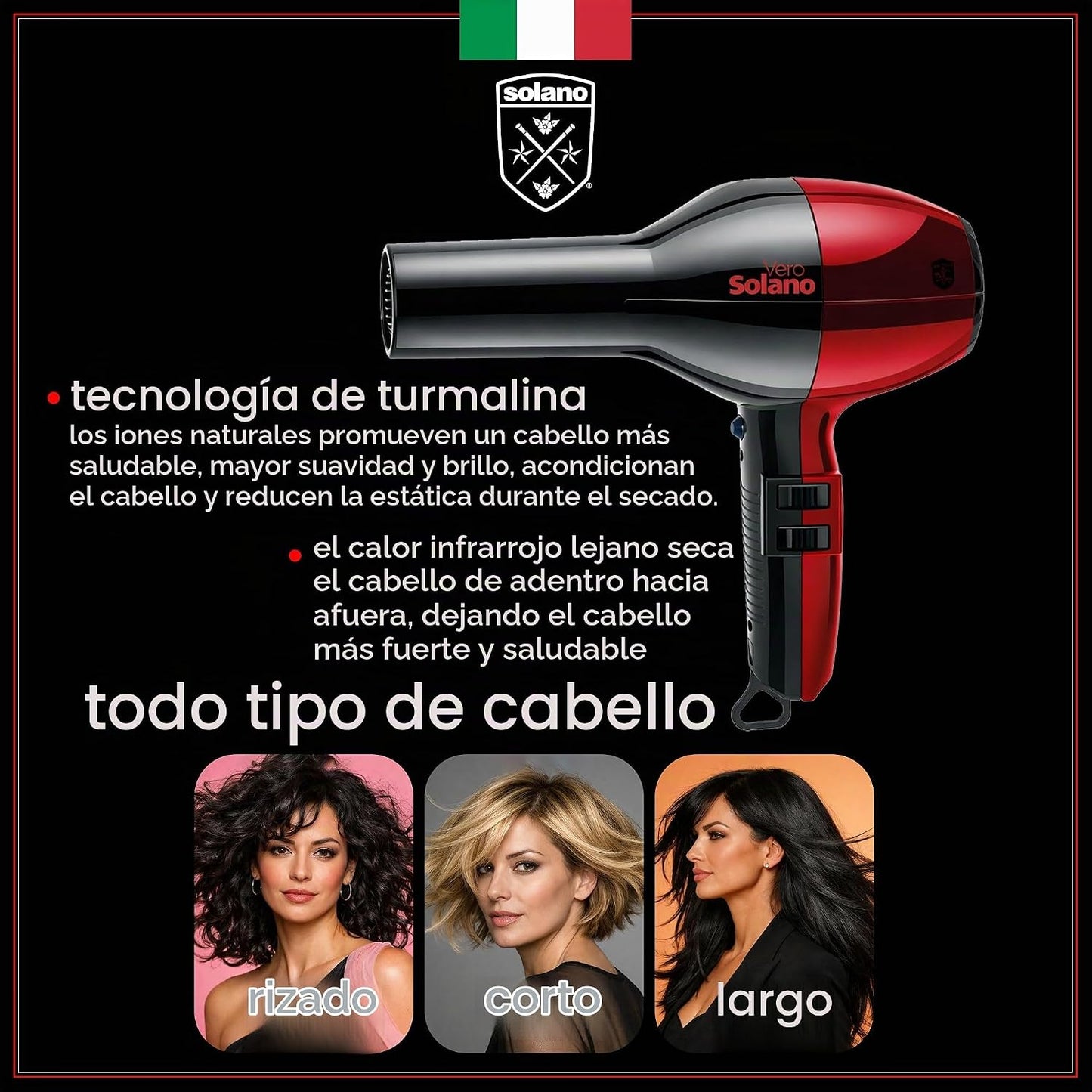 Solano Vero Rosso - Secador de pelo iónico de cerámica de 1600 W, t...