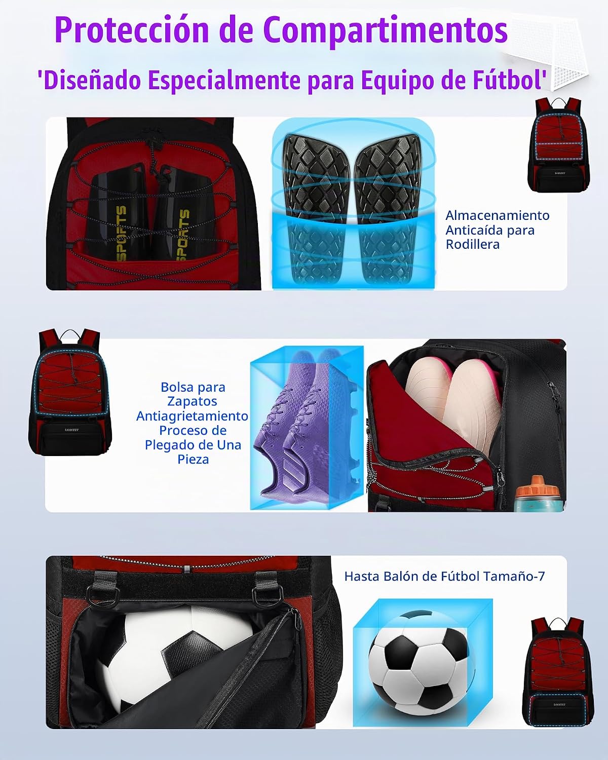 LOINTET Bolsa de fútbol juvenil, mochila de fútbol con compartiment...