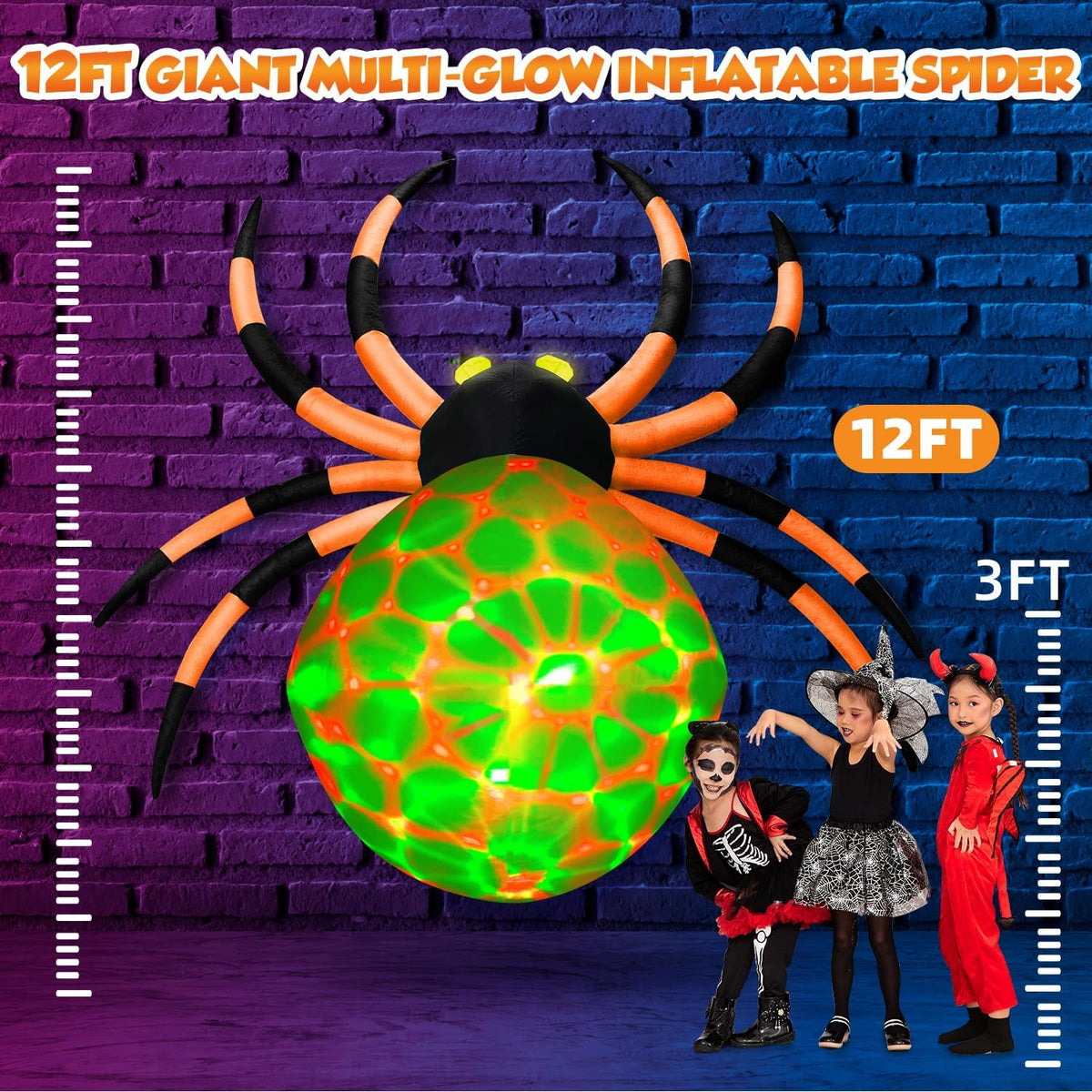 zukakii Araña inflable de Halloween de 12 pies con luces LED cambia...