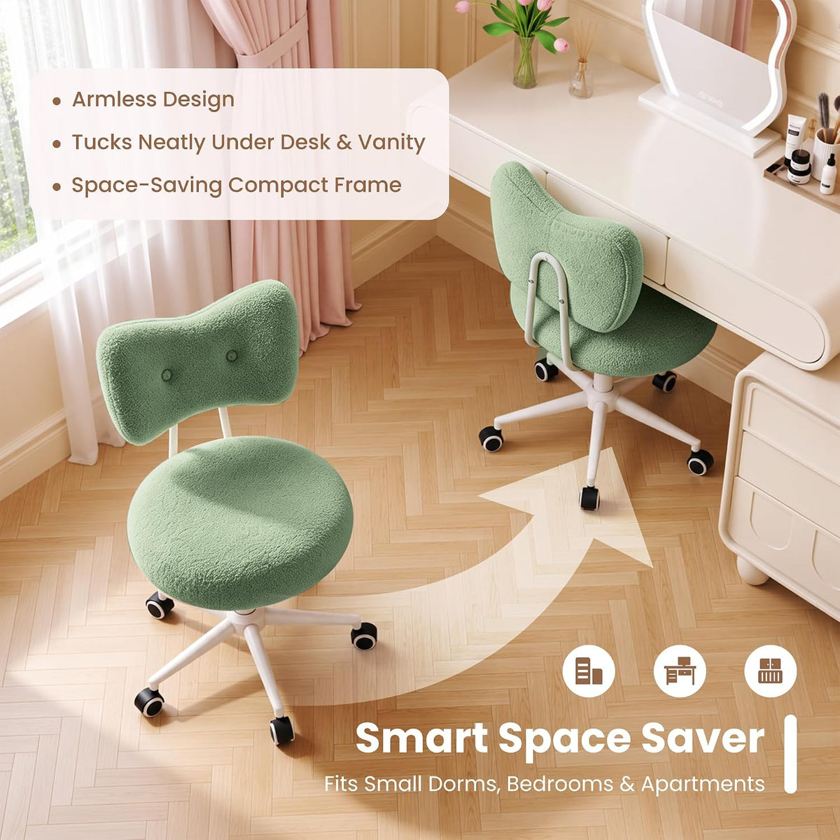 Silla de tocador pequeña con ruedas, cómoda silla de escritorio con...