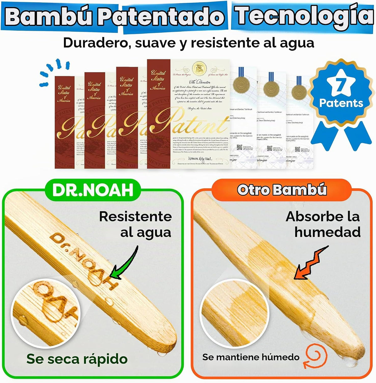 Dr. Noah - Cepillo de dientes de bambú sin microplásticos, diseño d...