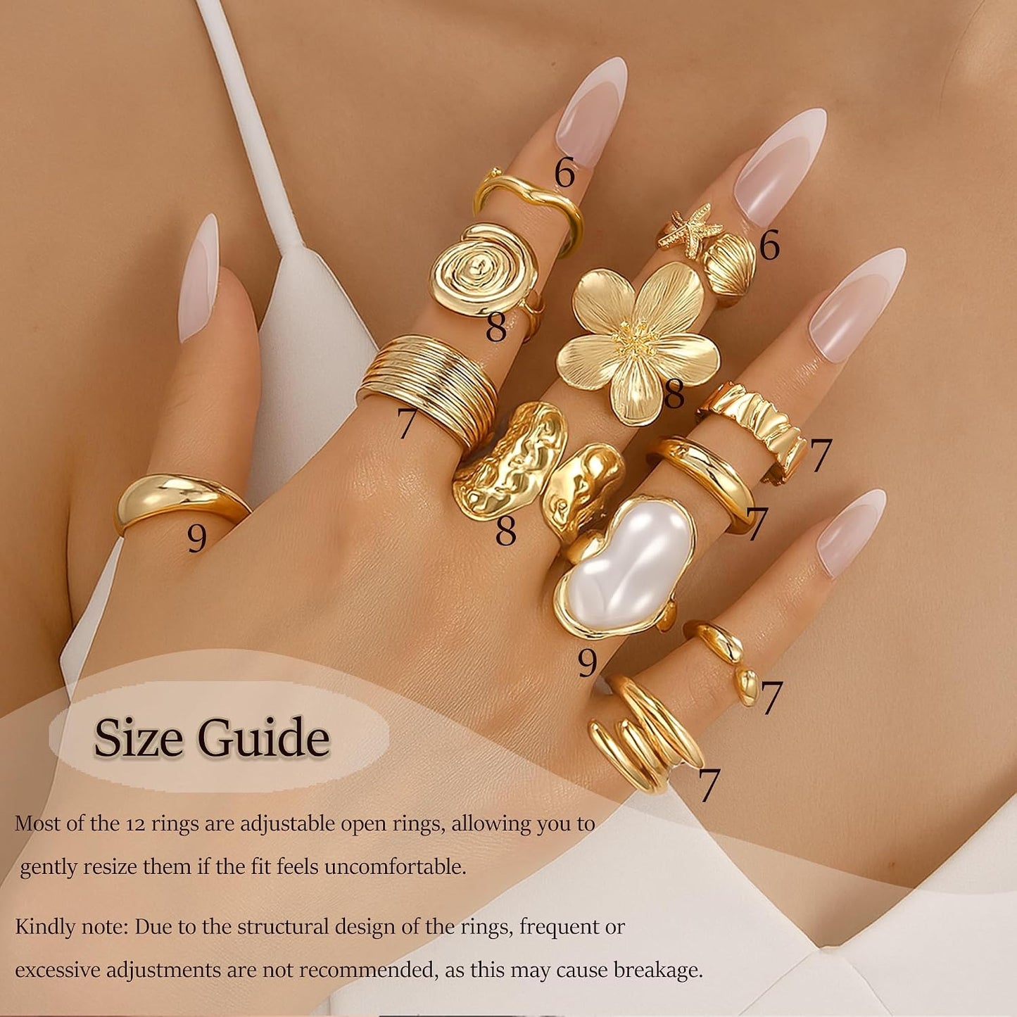 12 piezas de anillos de oro gruesos para mujer, anillo de flor sin...
