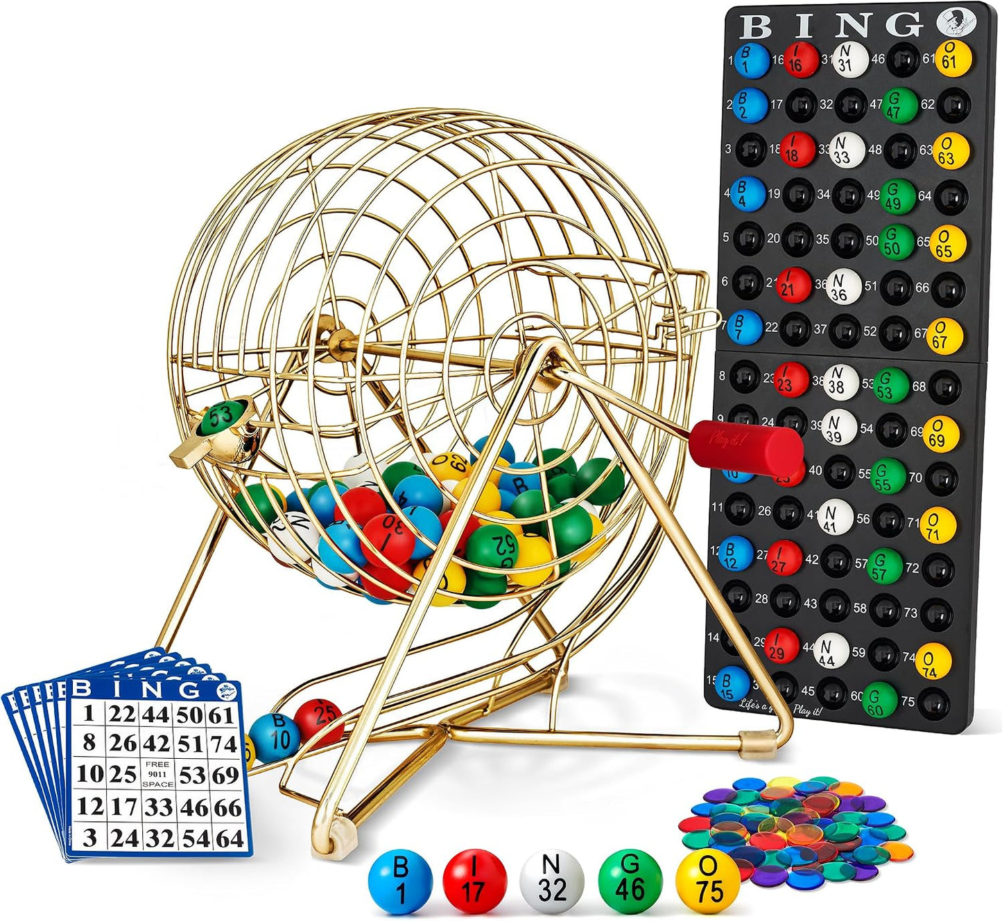 MR CHIPS Juego de bingo de 11 pulgadas de alto con jaula de acero,...