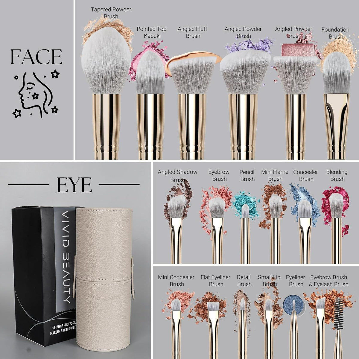 Vivid Beauty Juego de Brochas de Maquillaje, 18 Piezas de Brochas d...