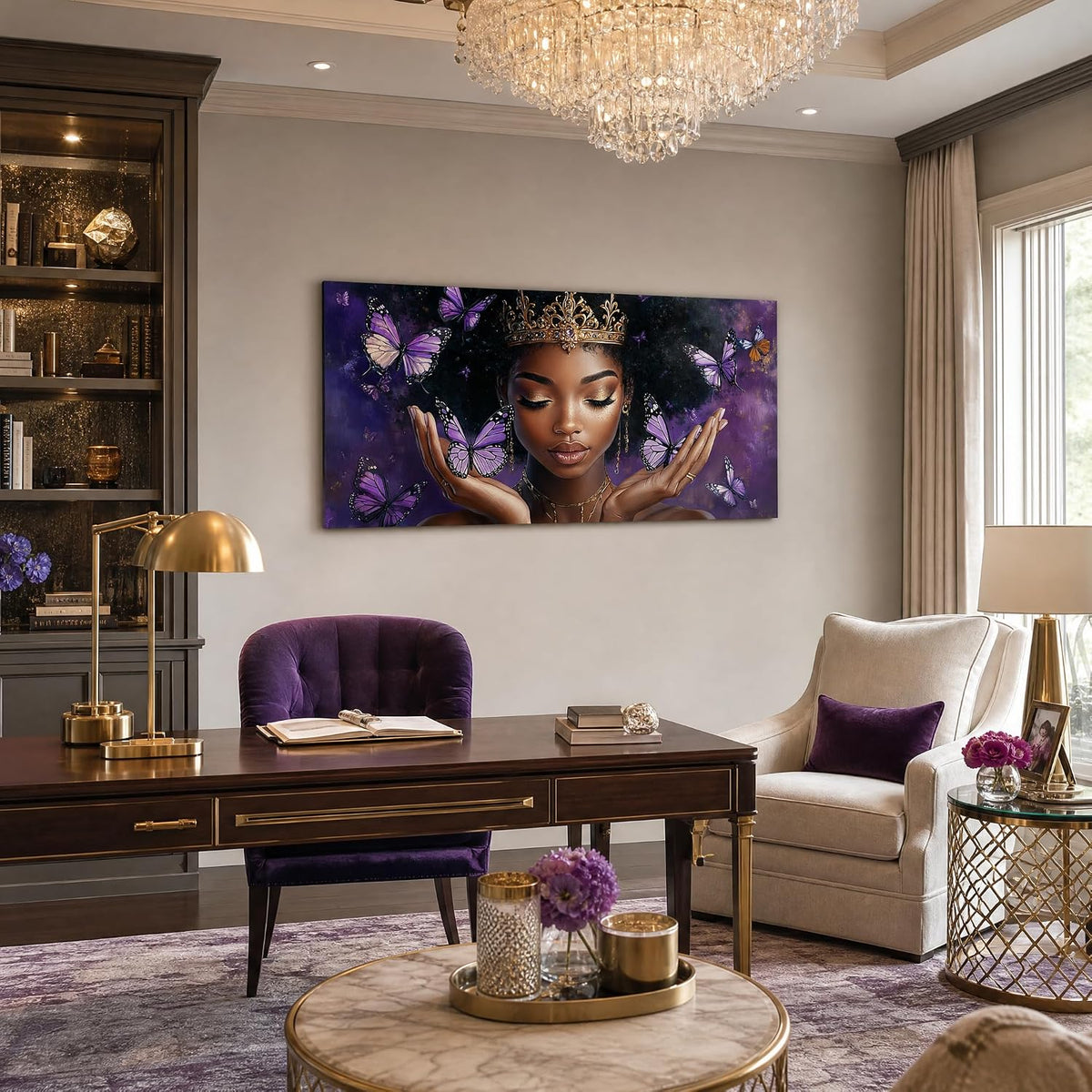 Lienzo de reina afroamericana para pared, diseño de mariposa morada...