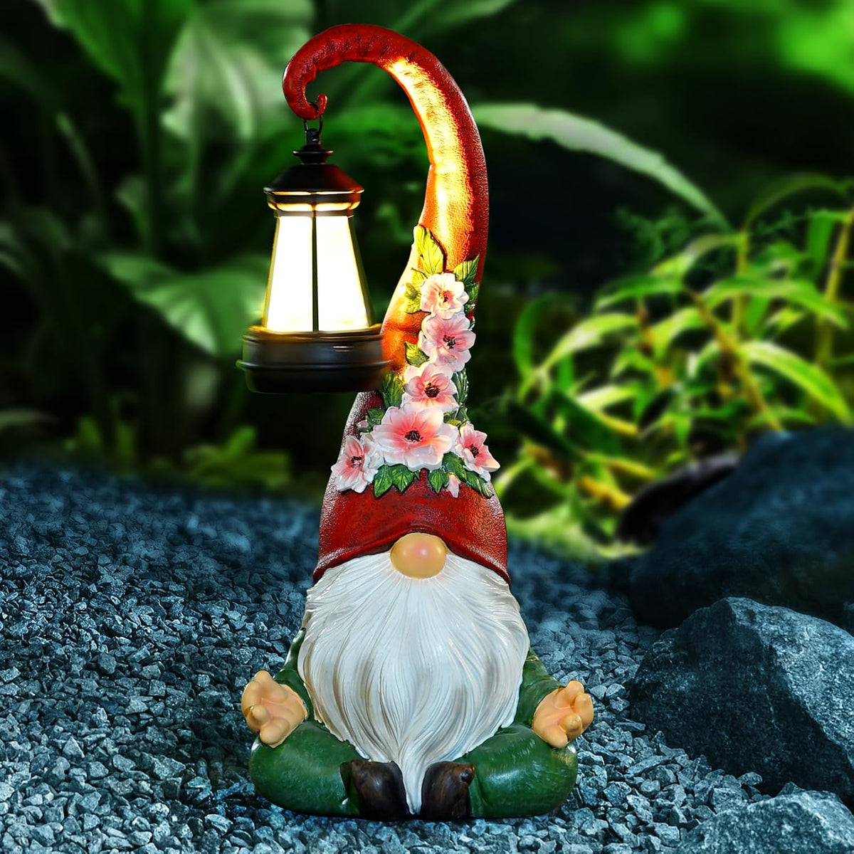 Roundot Estatuas de gnomos de jardín con luces solares, farol para...