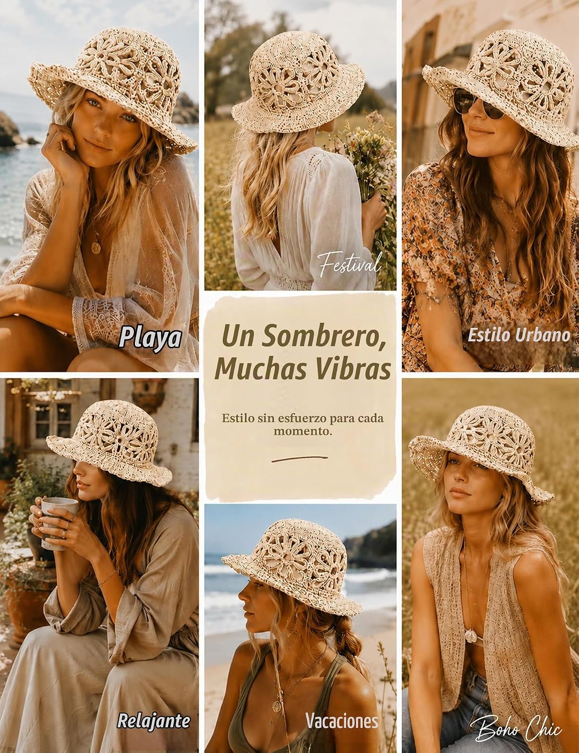 Sombrero de paja de ganchillo vintage para mujer, sombrero de pesca...