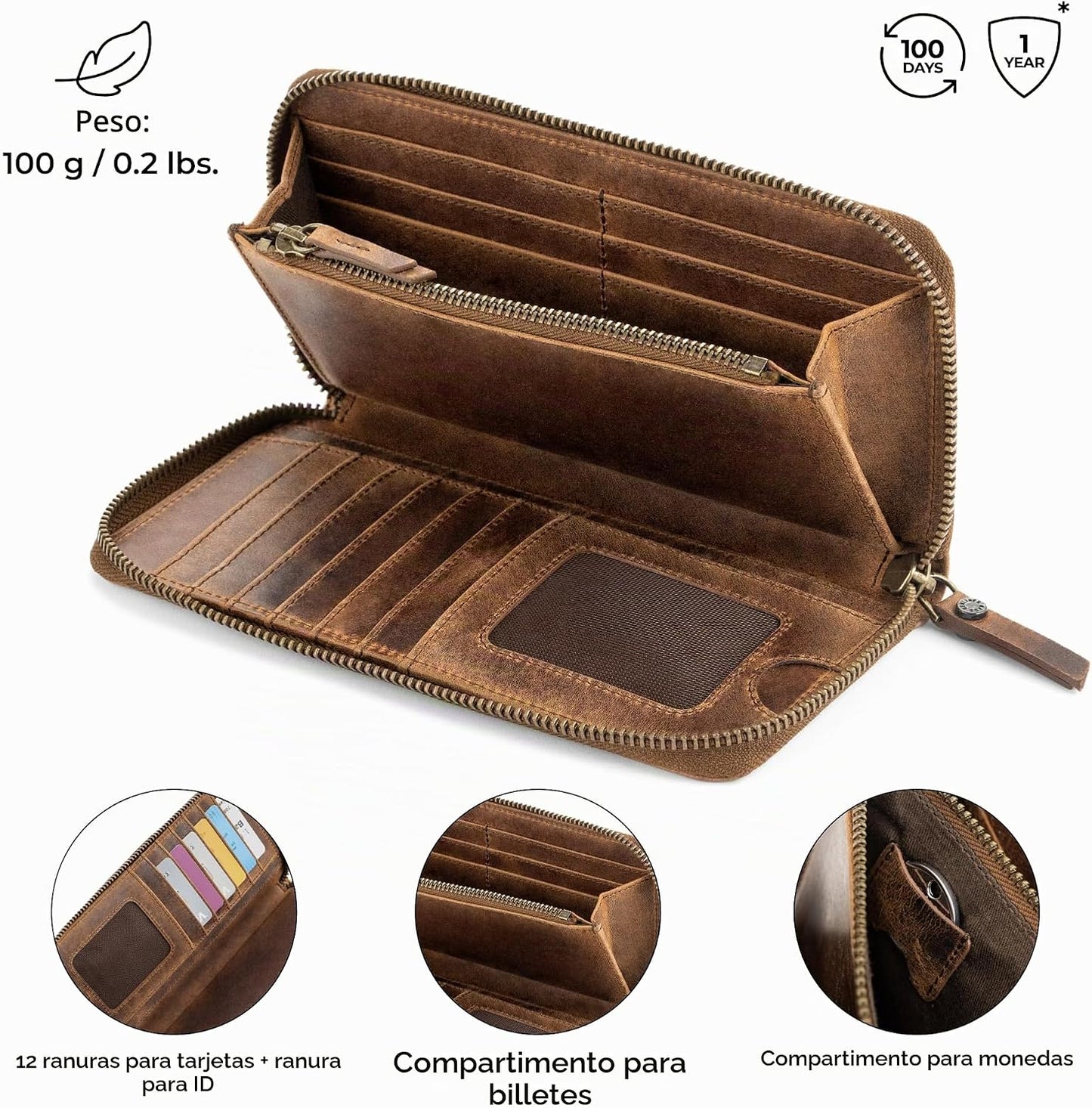 BERLINER BAGS Cartera de cuero genuino con cremallera para mujer, c...