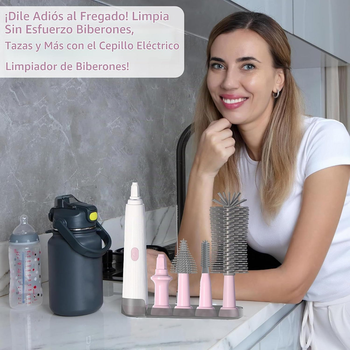 Limpiador eléctrico de cepillos para biberones con mango extendido...