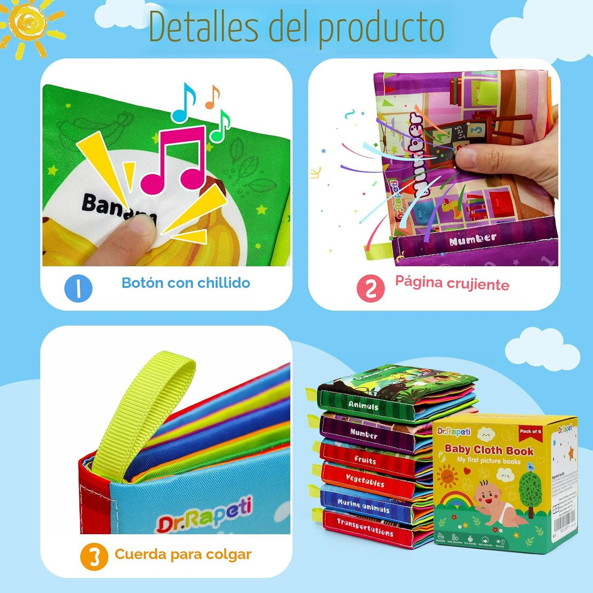 Dr.Rapeti Libros de Tela Suave Libros para Bebés Libros de Baño Paq...