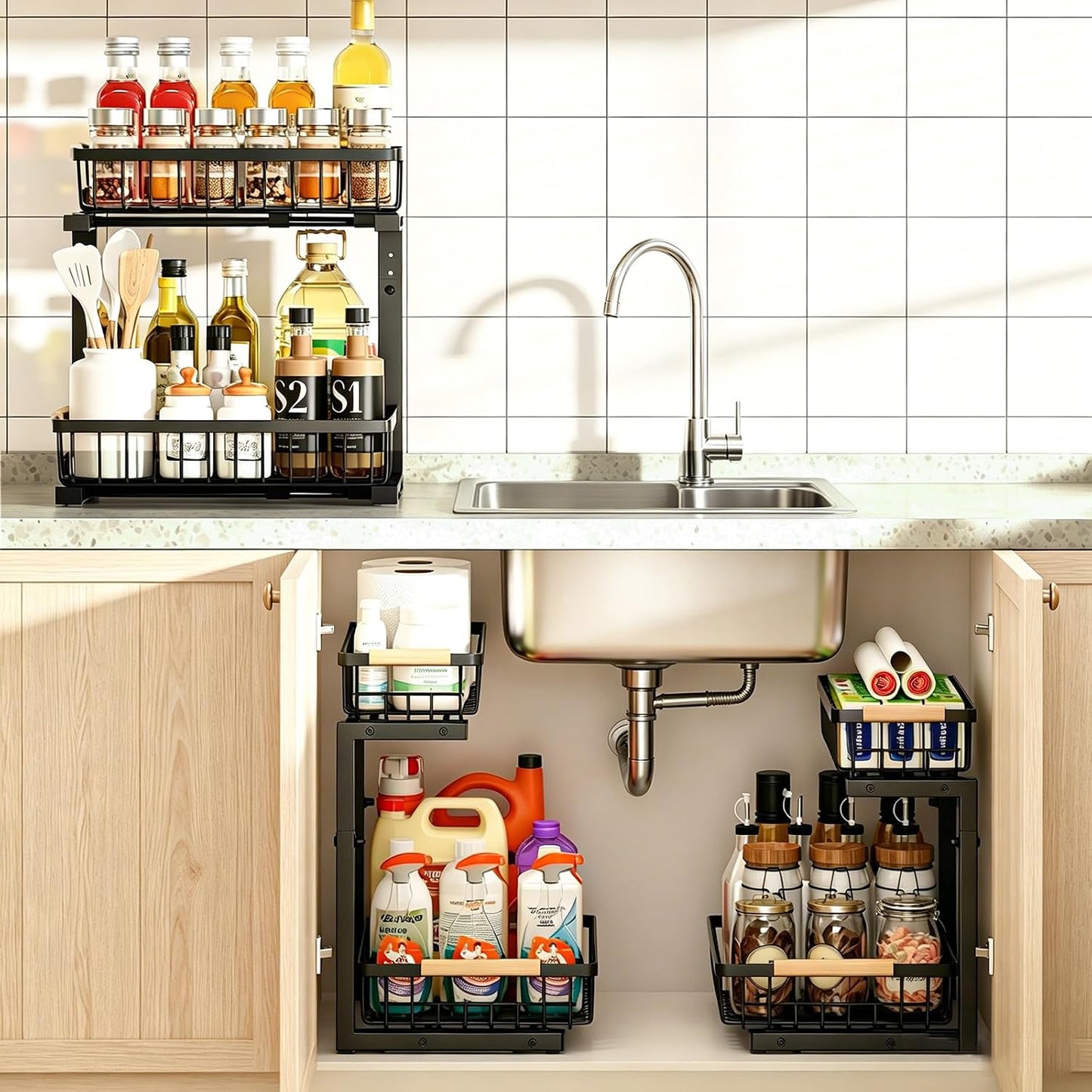 REALINN Organizador para debajo del fregadero, ajustable de 2 nivel...