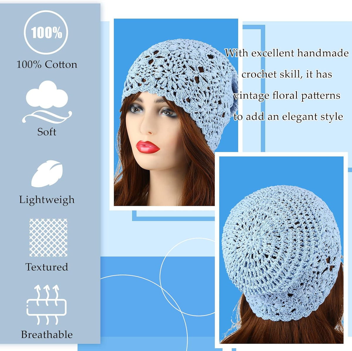 4 Piezas Gorros de Ganchillo Holgados 2025 Otoño Hechos a Mano Teji...