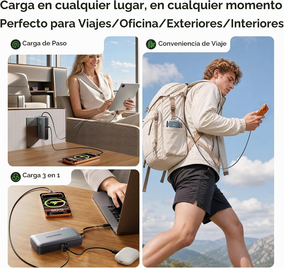 Transformers Cargador portátil 3 en 1, banco de energía de viaje de...