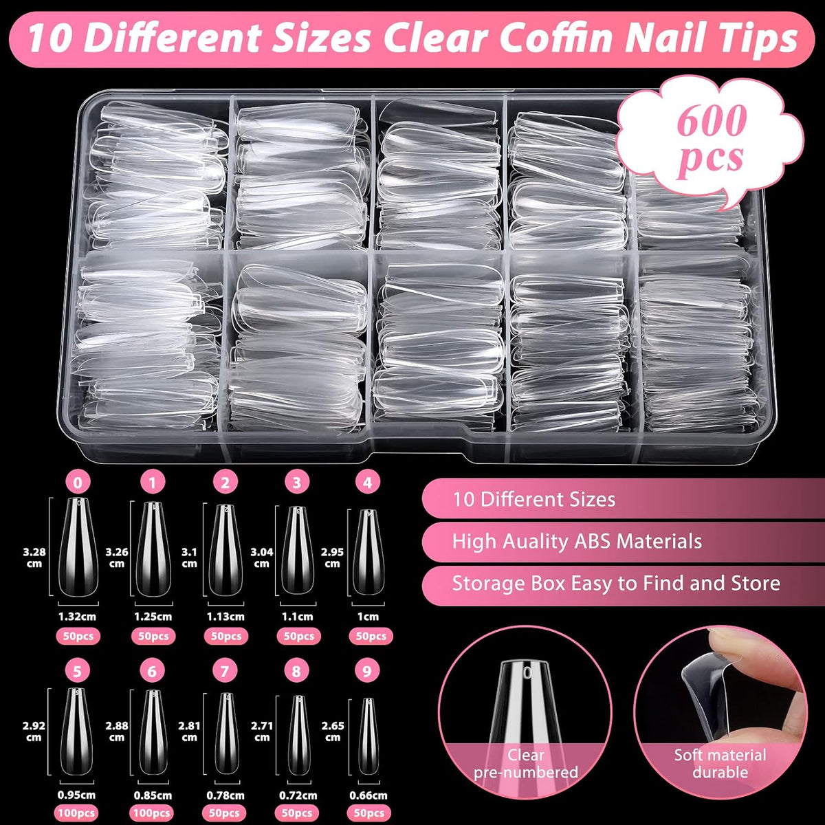600 piezas de puntas de uñas postizas transparentes estilo ataúd Qi...