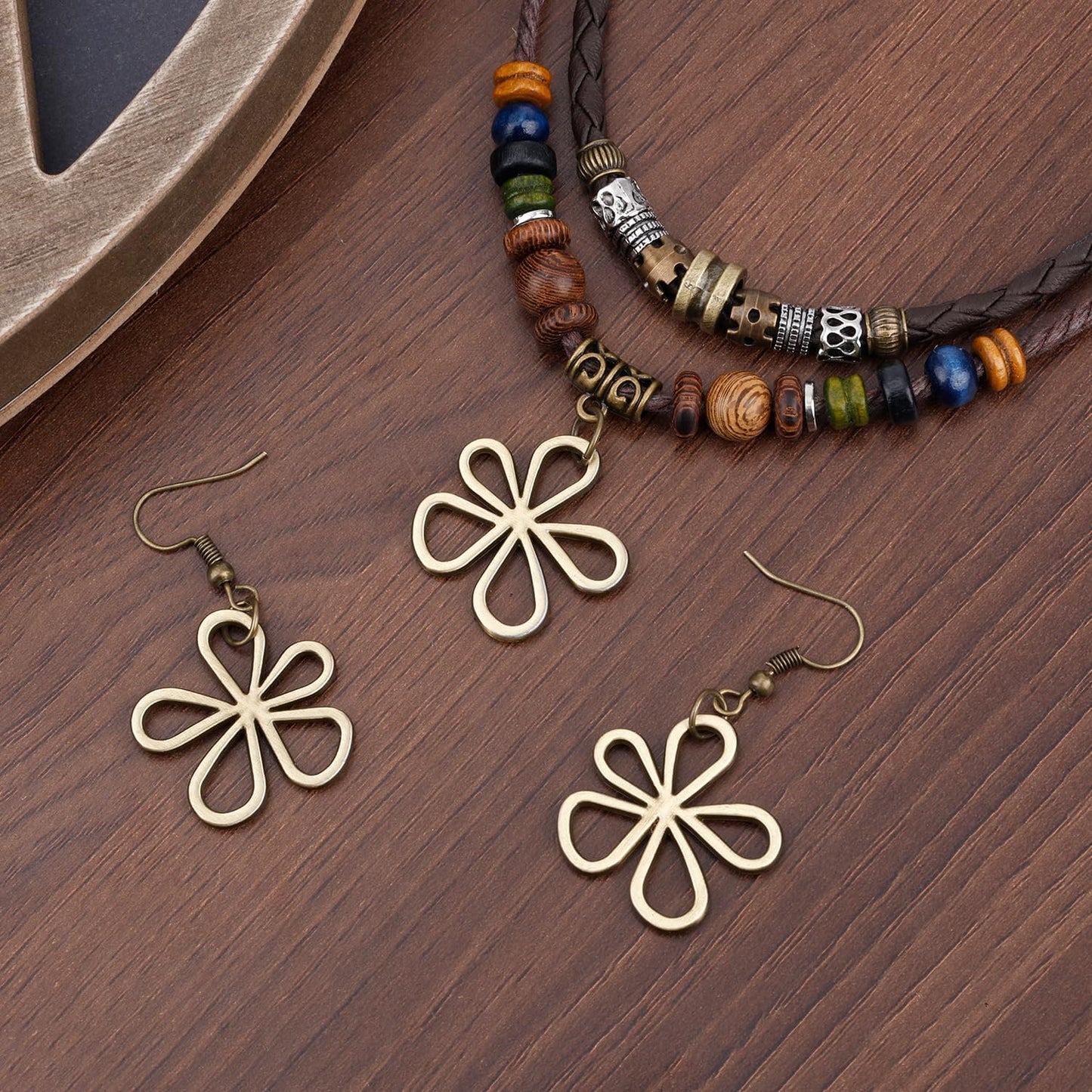 Mikovivi Collar de cuentas de madera multicapa con pendientes de fl...