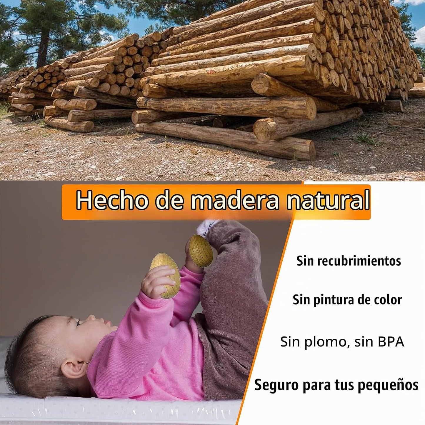 Juego de instrumentos musicales, 15 piezas de madera natural, pande...