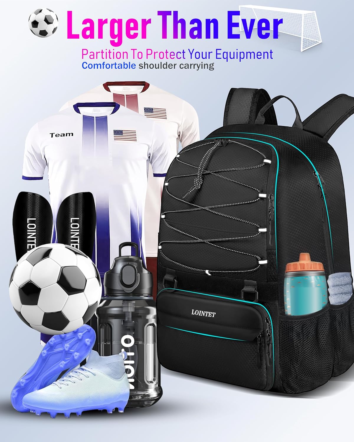 LOINTET Bolsa de fútbol juvenil, mochila de fútbol con compartiment...
