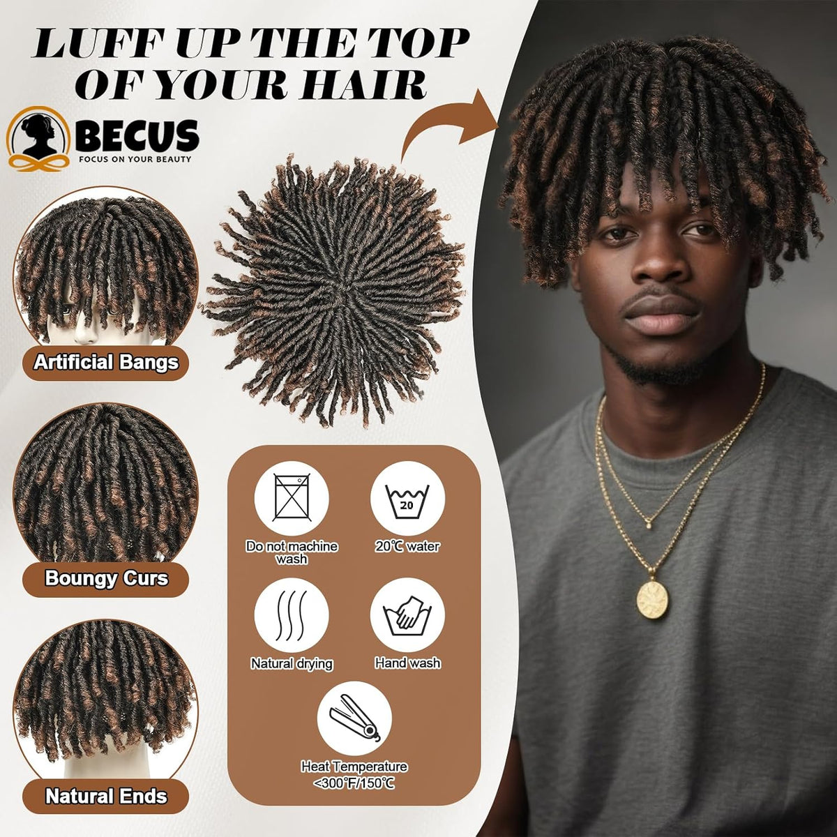 BECUS - Cubrepelo de rastas para hombre, postizo marrón para disfra...