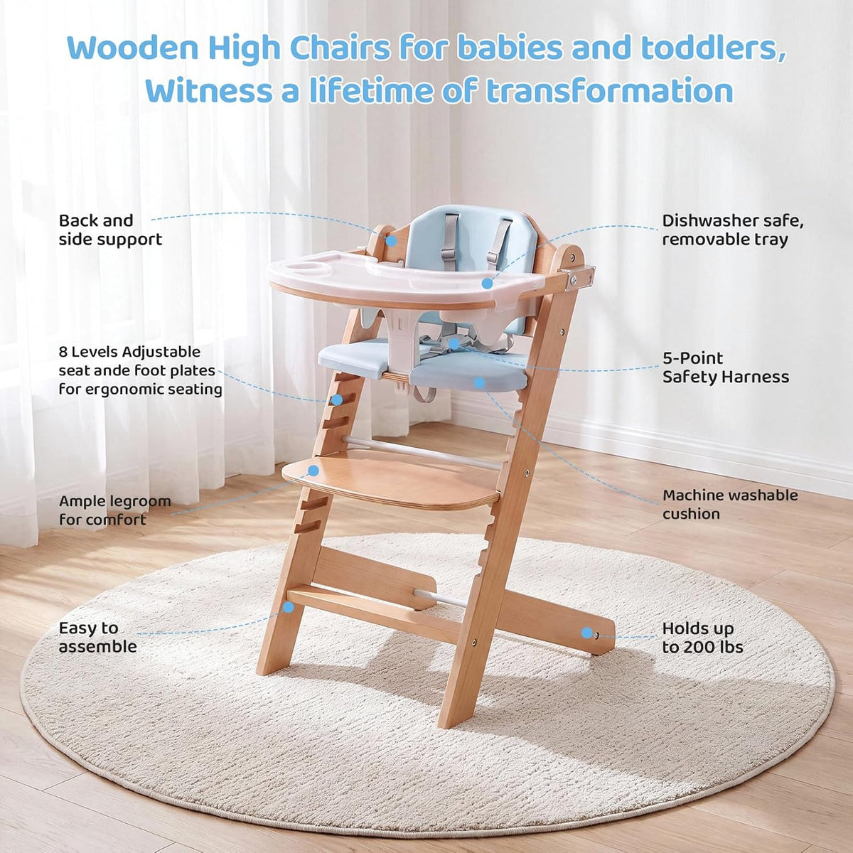 Trona de madera para bebé Cowiewie, silla de crecimiento convertibl...