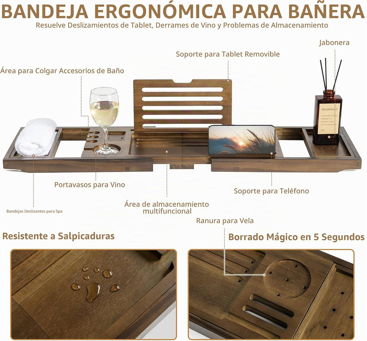RealGulf Bandeja de bañera de teca, organizador de baño de madera d...
