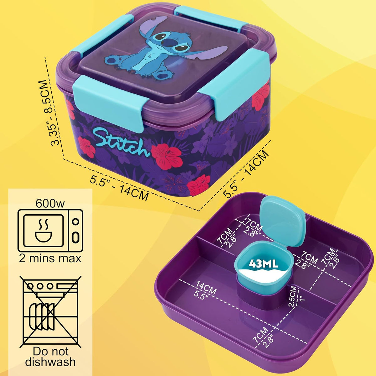 Disney Stitch - Contenedor de ensalada Bento para niños, lonchera p...