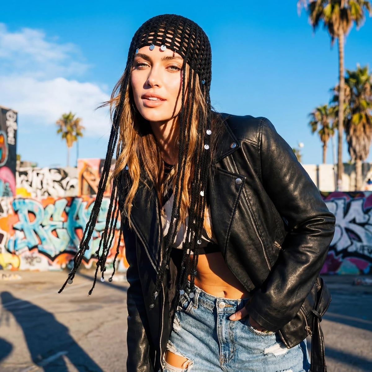 Newcotte Gorros de ganchillo para mujer, gorro con cuentas de borla...