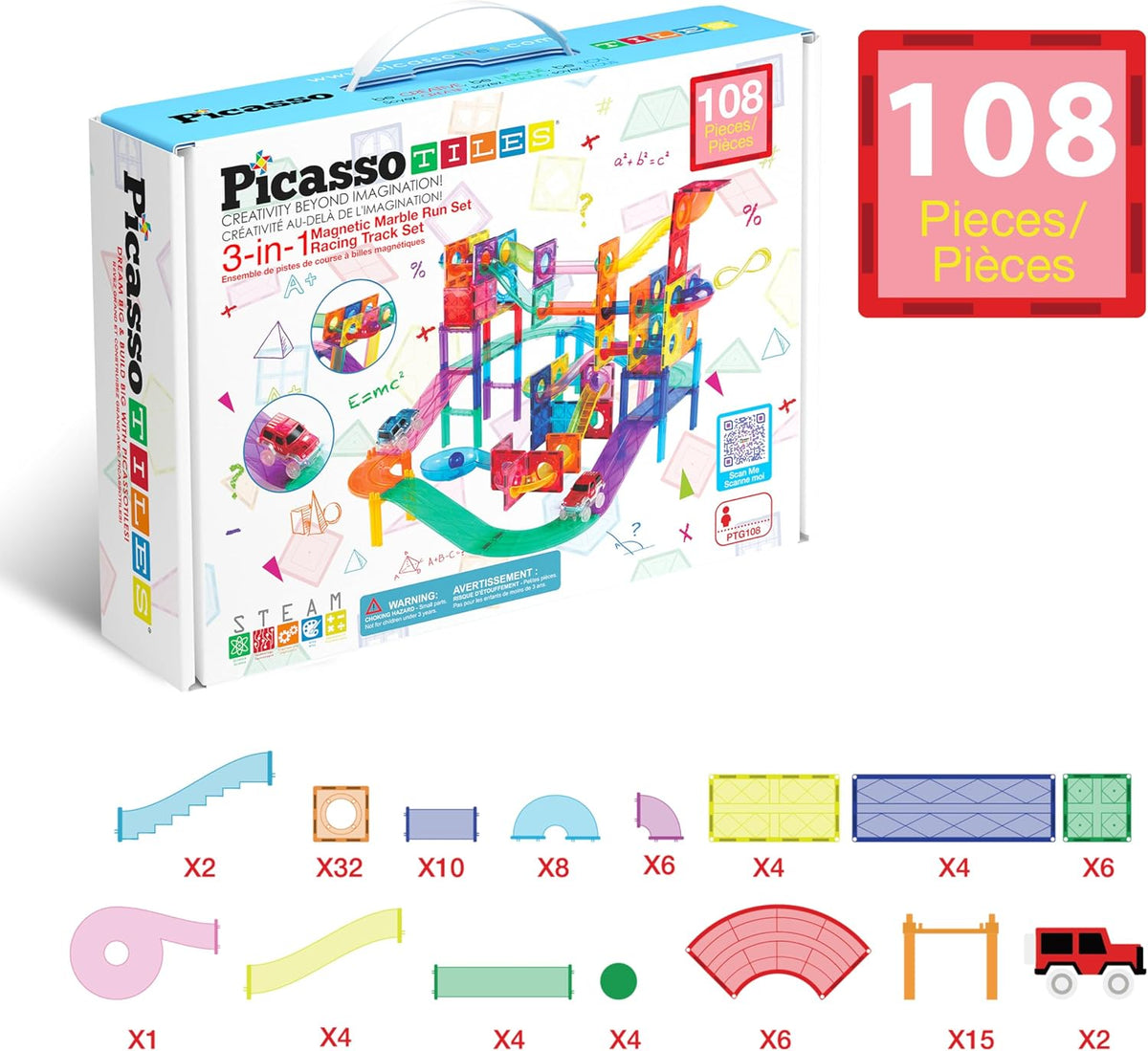 PicassoTiles PTG108 - Juego de 108 piezas de carreras con azulejos...