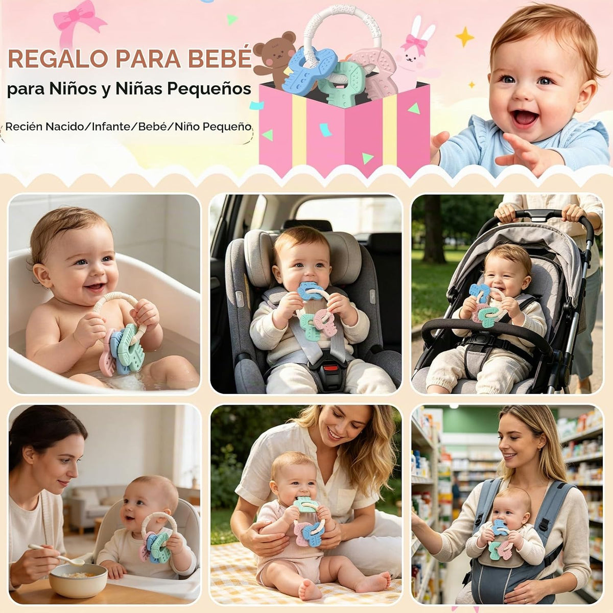 Juguetes de dentición para bebés, llaves de silicona para bebés de...