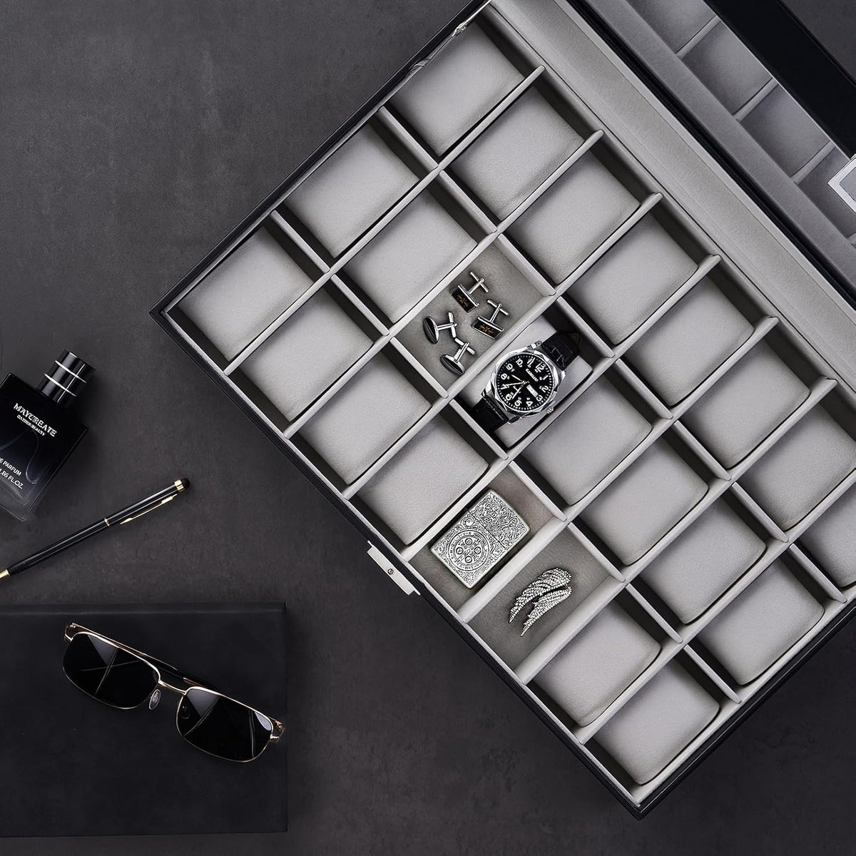 ProCase Caja de reloj para hombre, vitrina de 24 ranuras con tapa d...