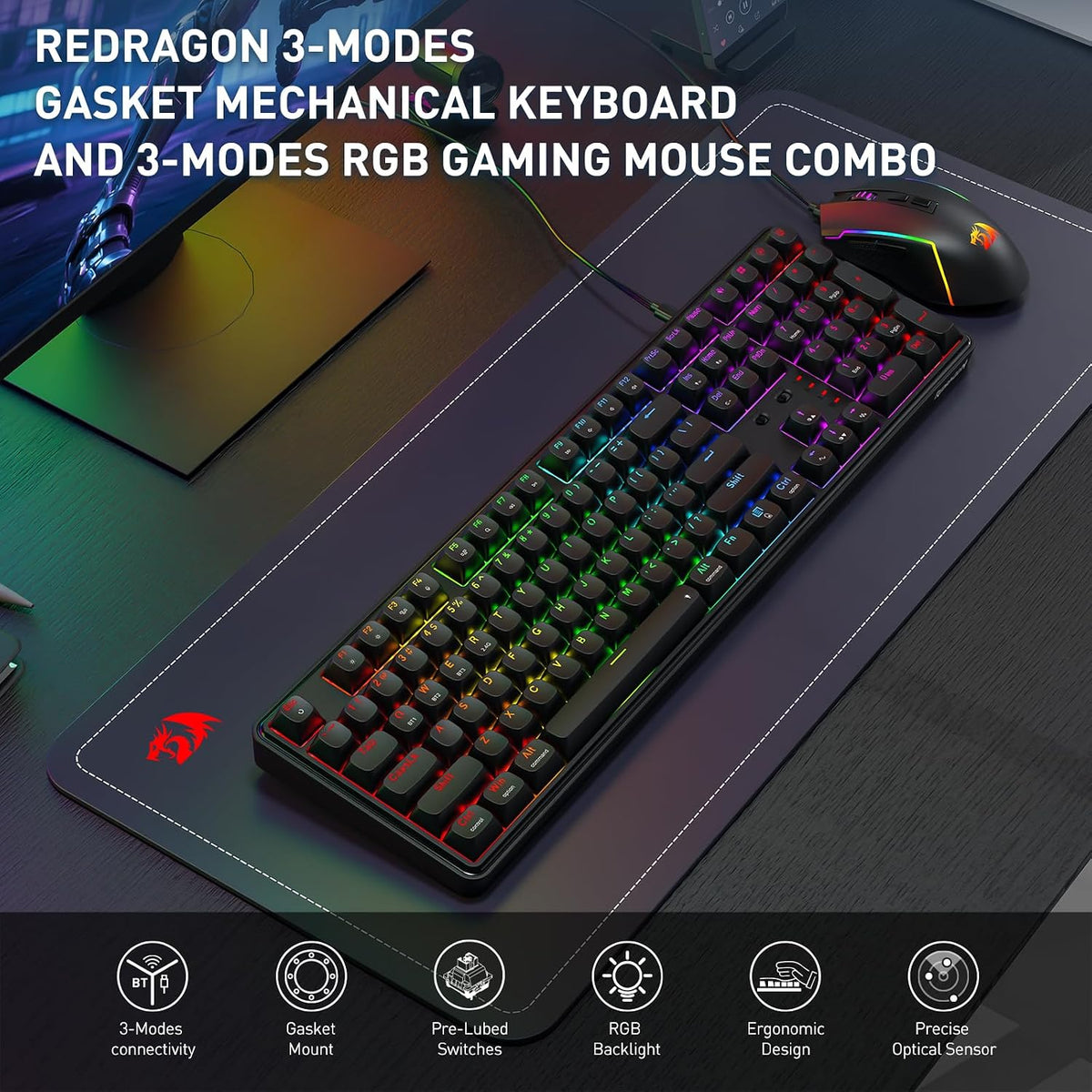 Redragon S163 - Combo de teclado y mouse para juegos Wilreess de 3...