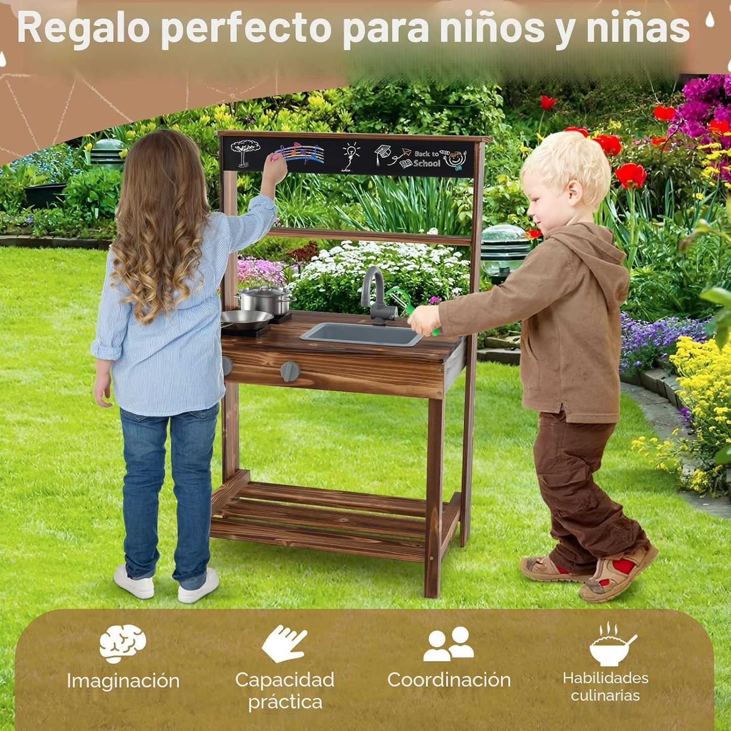 Costzon Cocina de barro, cocina de juego al aire libre con estufas,...