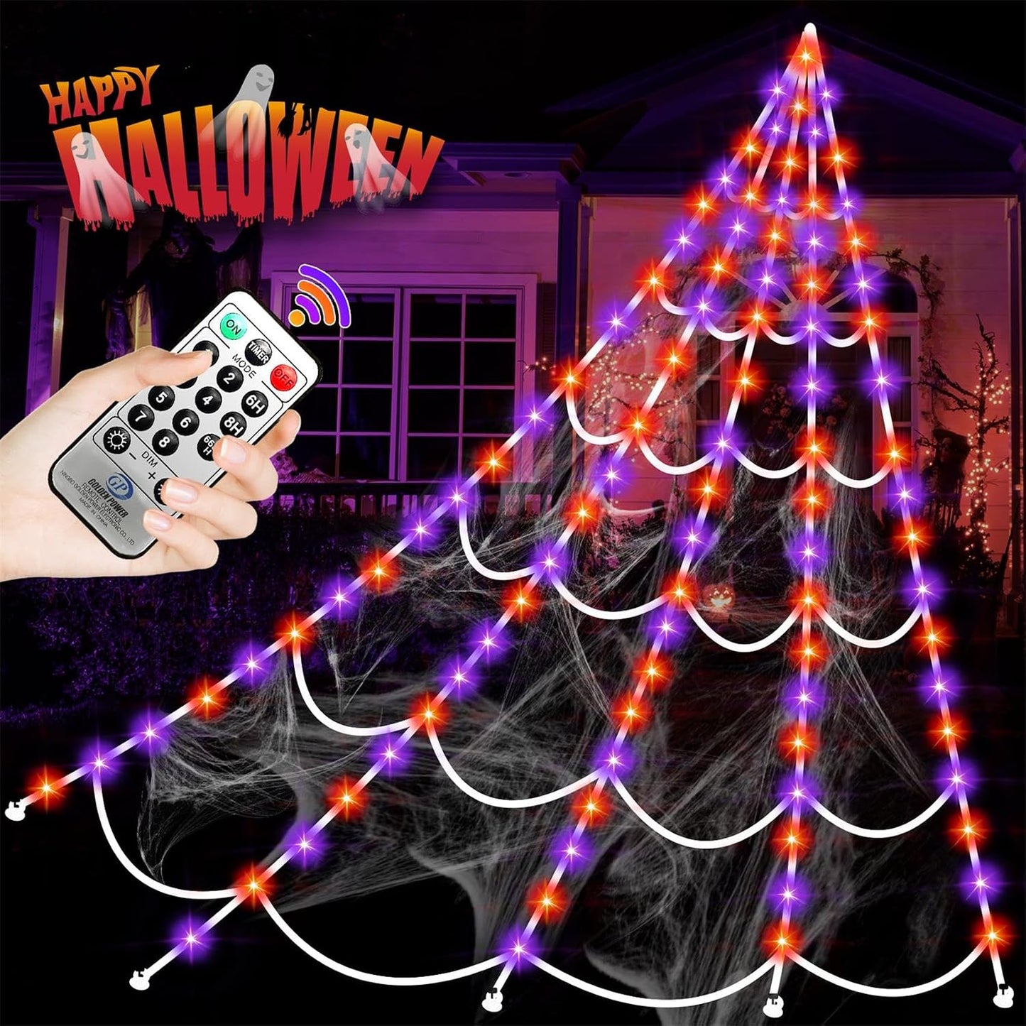 Decoraciones de Halloween al aire libre, 200 luces LED de telaraña...