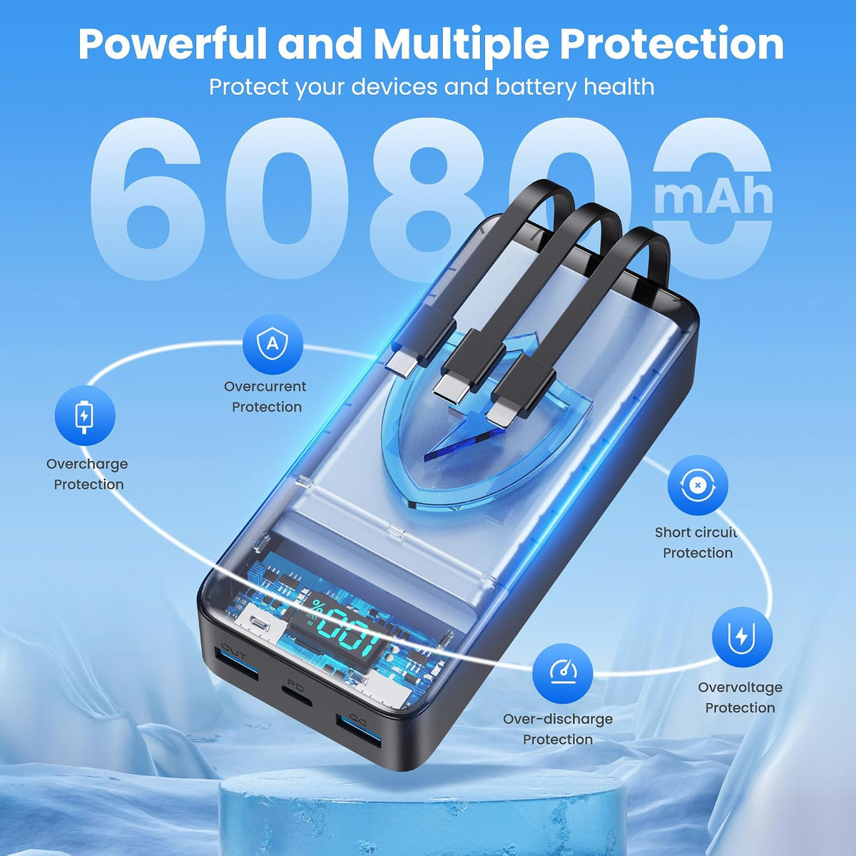 Cargador portátil de 60800 mAh con 3 cables incorporados, 25 W PD U...