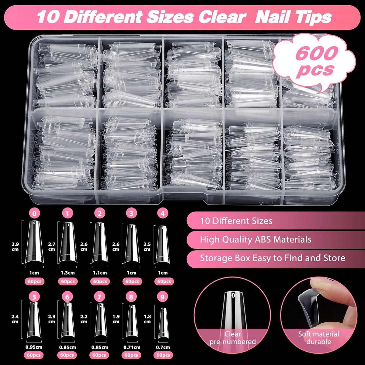 Juego de 600 puntas de uñas transparentes tipo ataúd \u2013 Puntas...