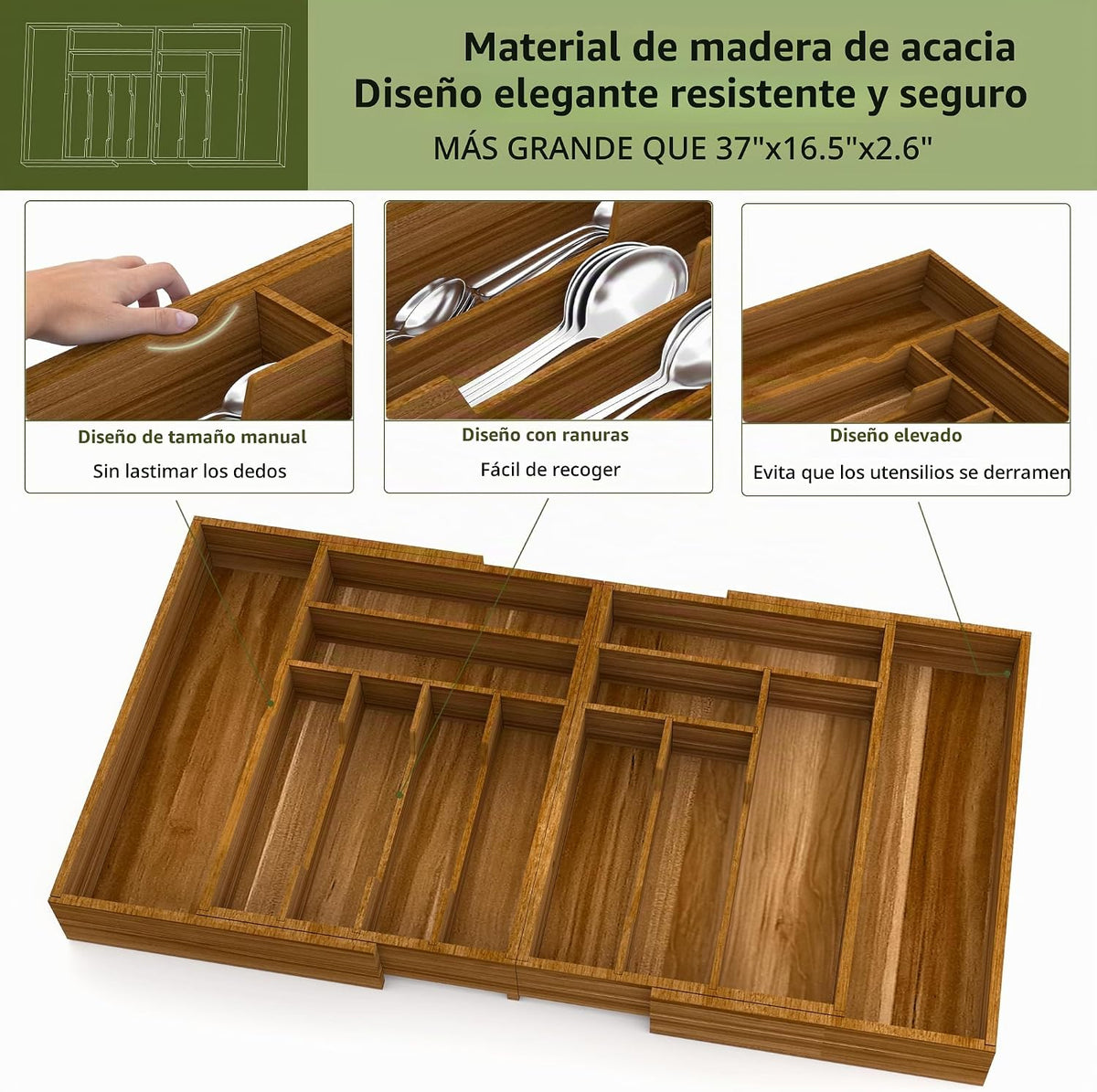 Suli Organizador grande de cajones de cubiertos, cubiertos de cocin...