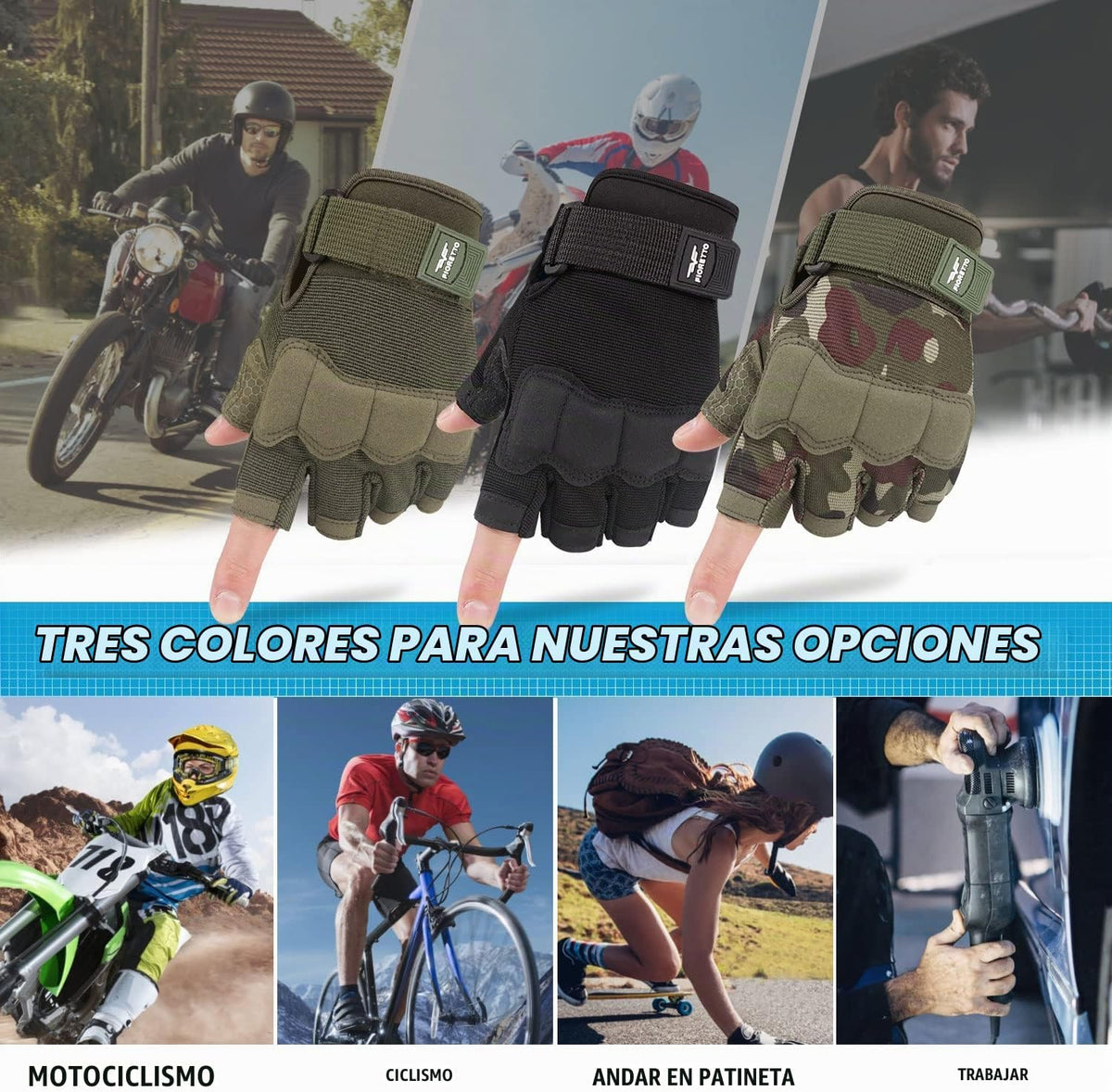 FIORETTO Guantes sin dedos, guantes de medio dedo para conducción,...