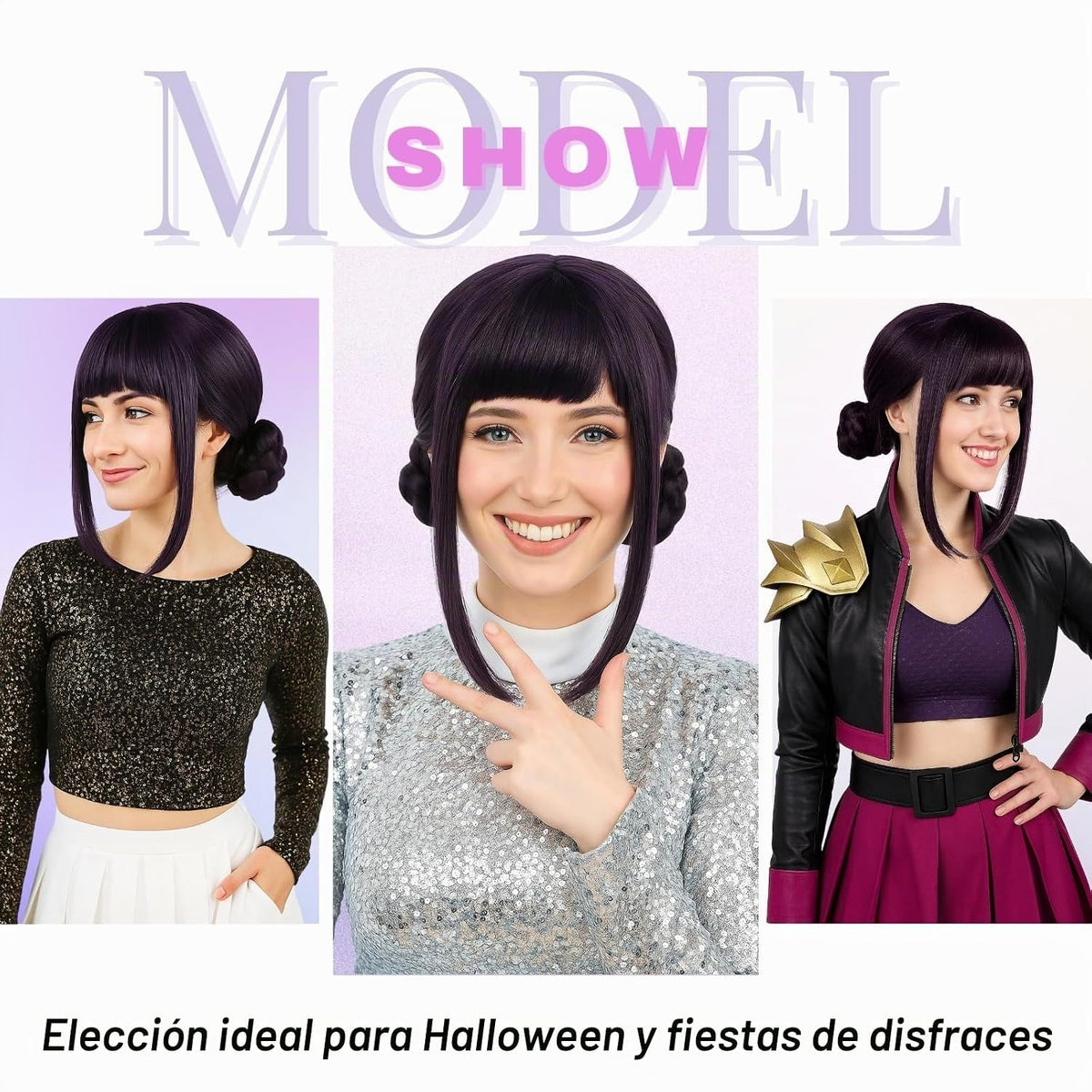 morvally Peluca corta negra y morada con 2 moños para mujer, peluca...