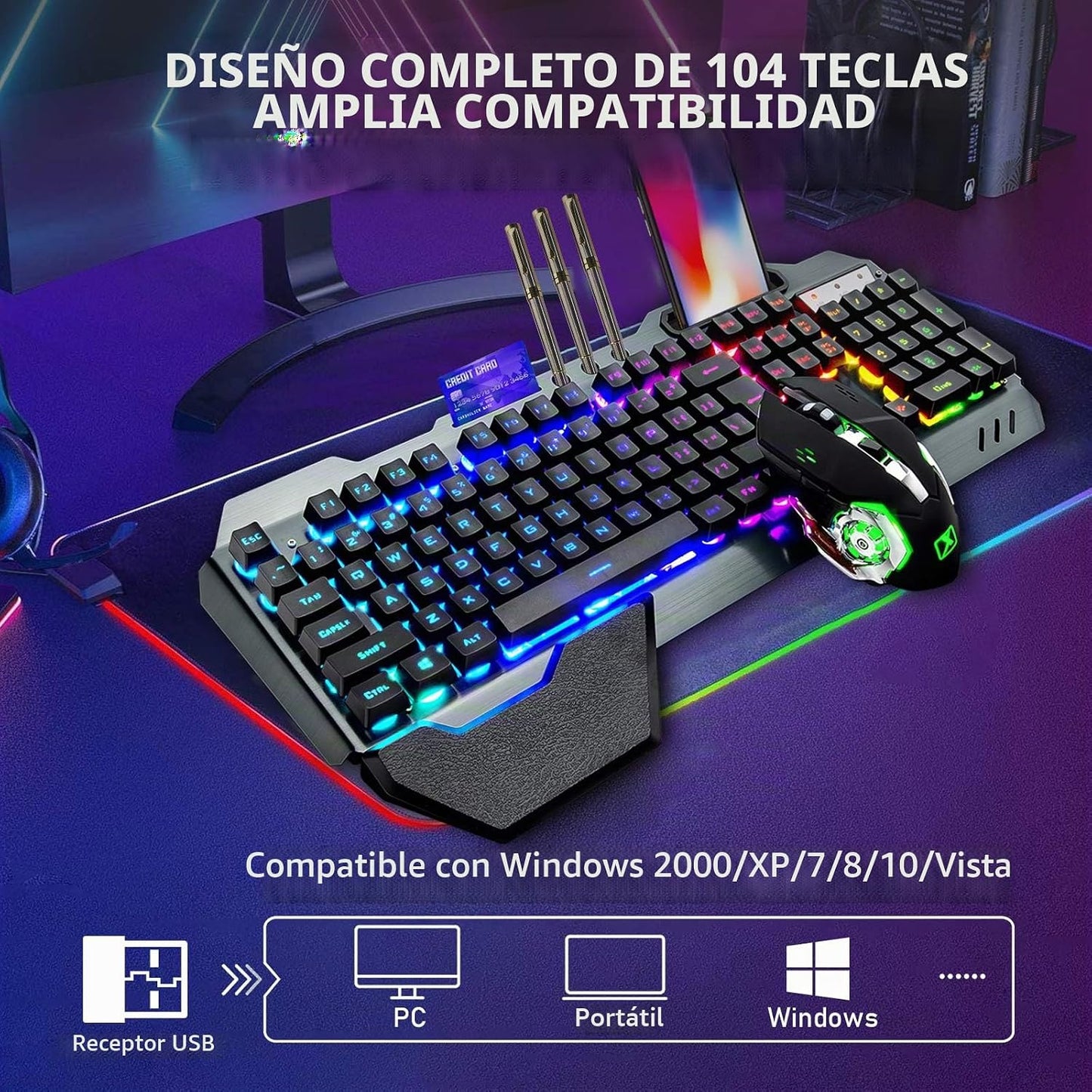 Teclado y ratón inalámbricos para juegos RGB con retroiluminación d...