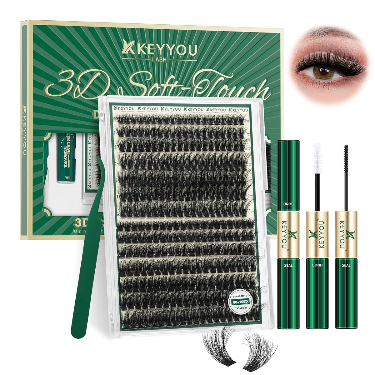 KEYYOU - Kit de racimos de pestañas 80D100D, 280 unidades, rizo D,...