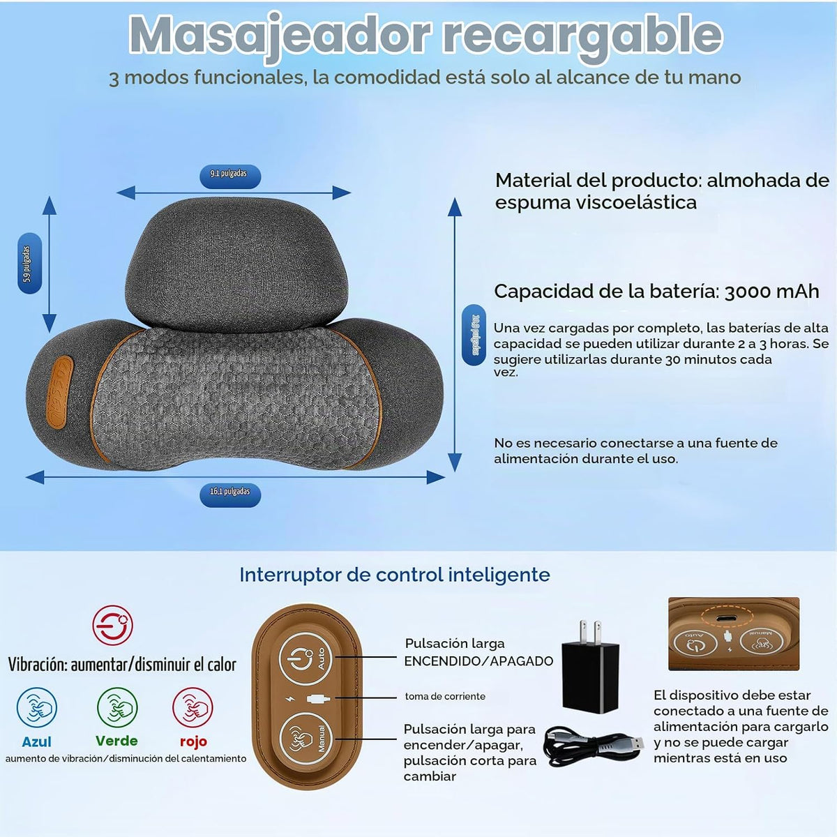 Almohada de masaje de cuello 3 en 1 con calor, masaje y estiramient...