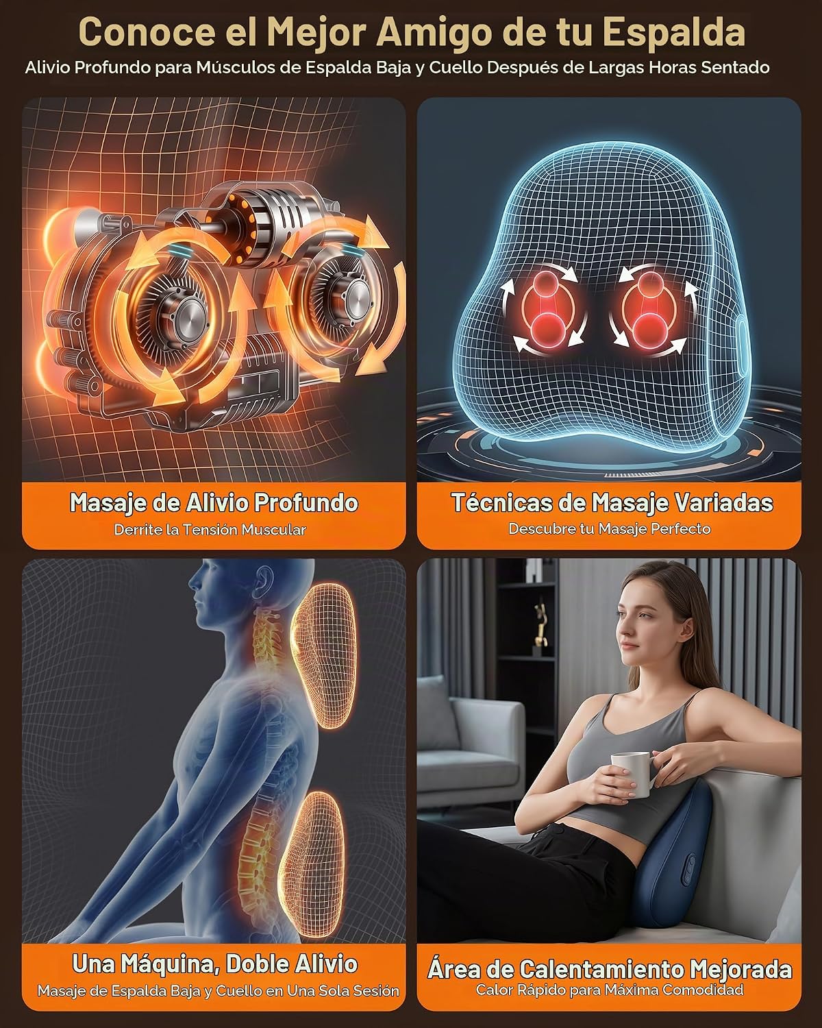 Masajeador de espalda eléctrico JZBRAIN, calor de amasado de tejido...