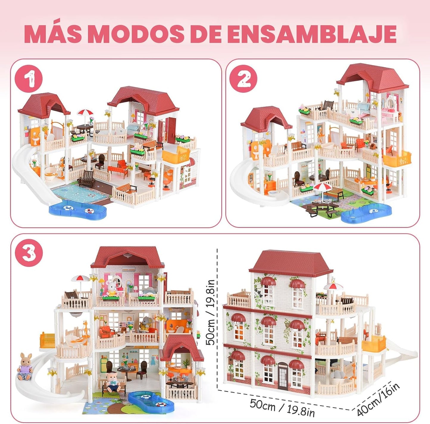 TUZT Casa de muñecas con 45 muebles y accesorios, 3 pisos con 4 muñ...
