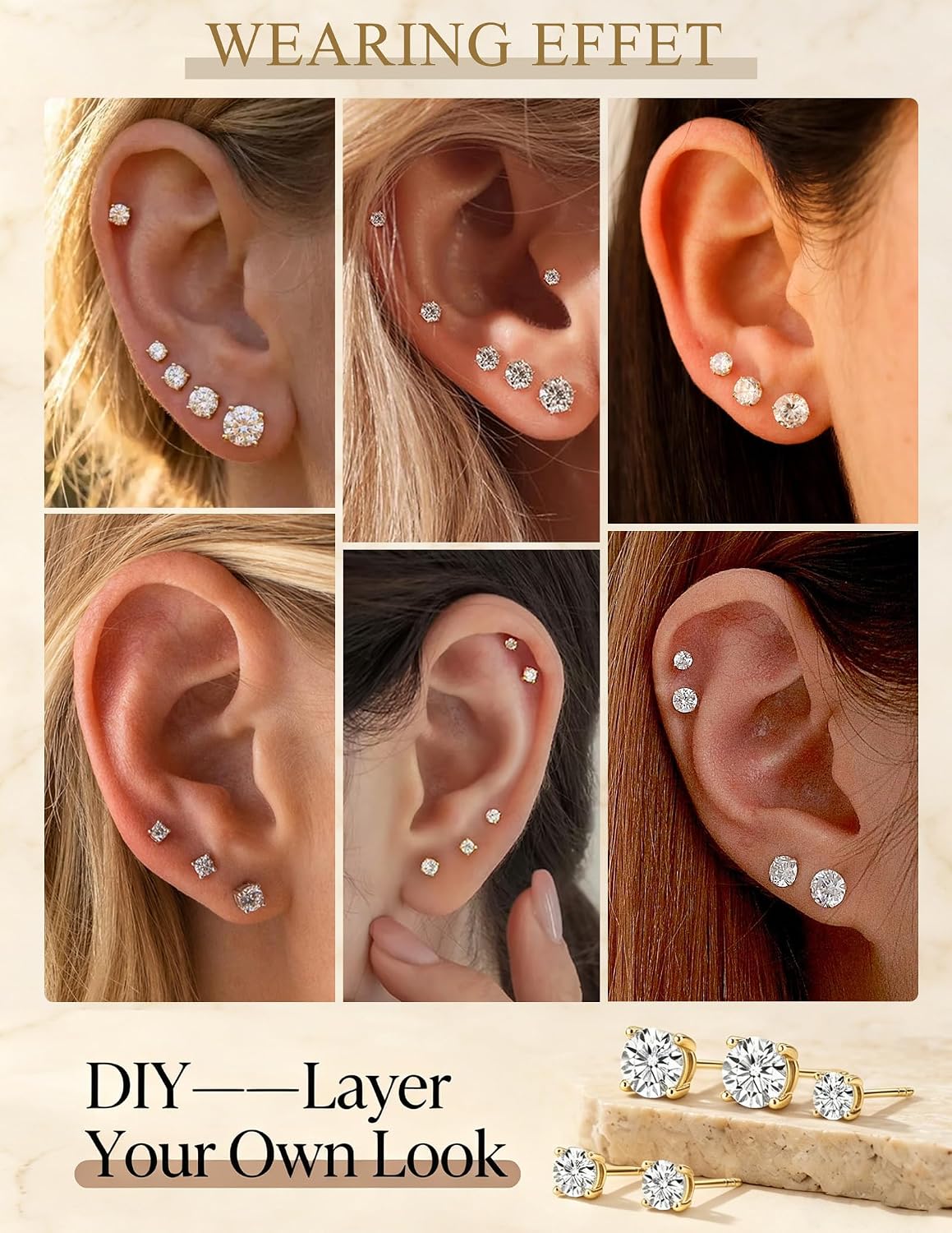 5 pares de aretes chapados en oro de 14 quilates para mujer, hipoal...